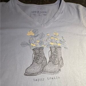 Life Is Good Women’s V-Neck Short Sleeve Tee Happy Trails Graphic Sz L